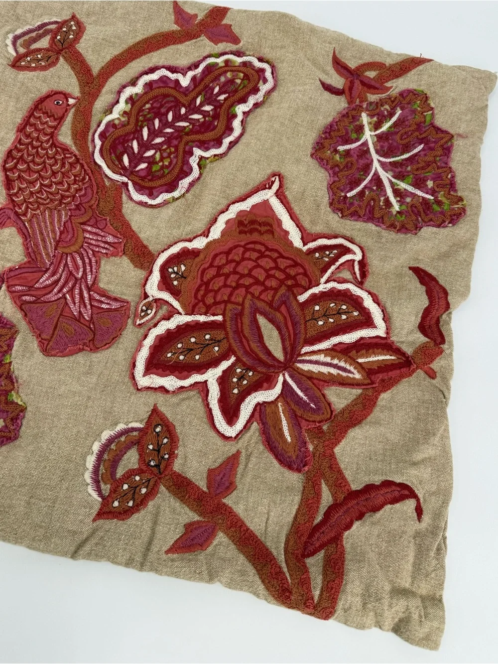 Pottery Barn Embroidered Bird Floral Pillow Cover | Natural | 24x24